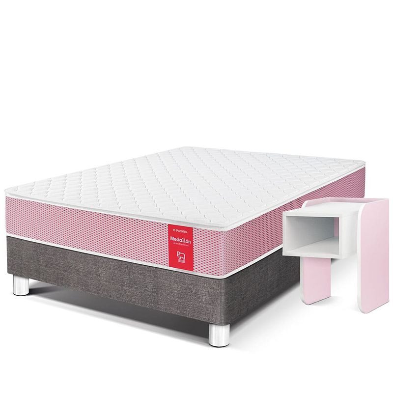 set-cama-medallon-ergosoft-1.5-plz-acero---velador-kids-rosado